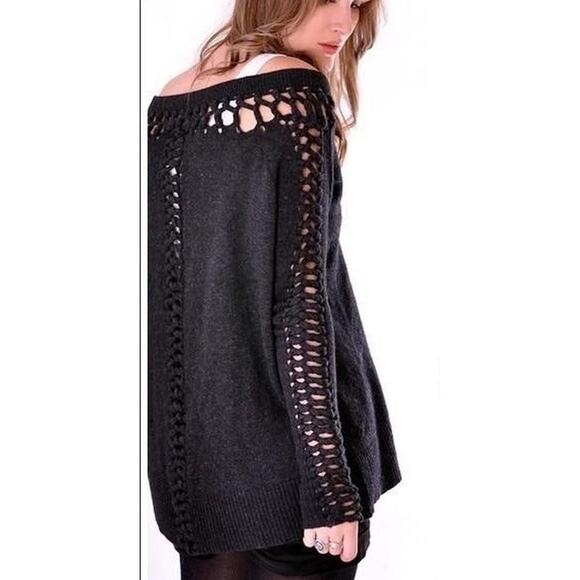 Allsaints Size 6‎ Lambswool Cotton Cashmere Angora Blend Braided Black Sweater - Picture 1 of 8